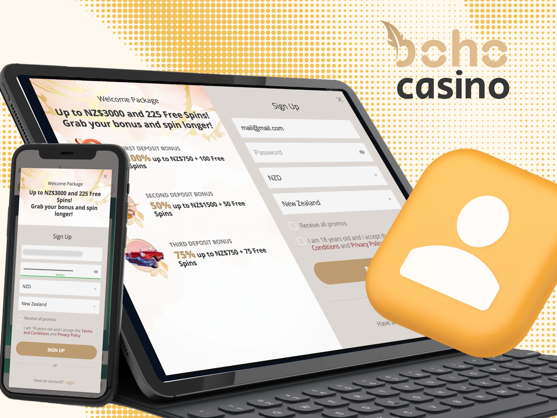 Instructions on how to register on the Boho online casino website.