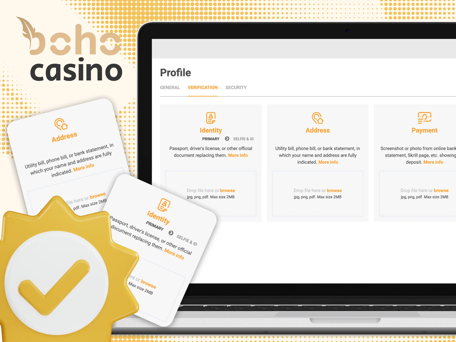 Instructions on how to verify your account on the Boho online casino website.