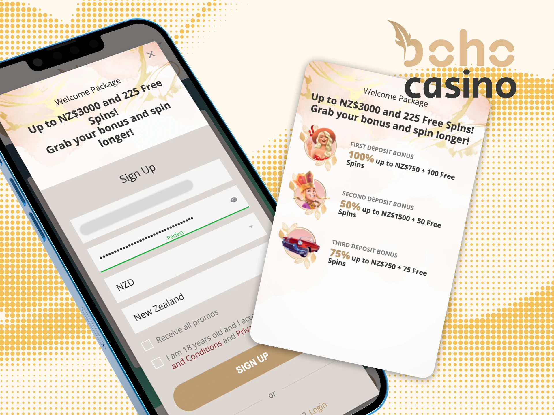 Instructions on how to create an account on the Boho online casino website on your phone.
