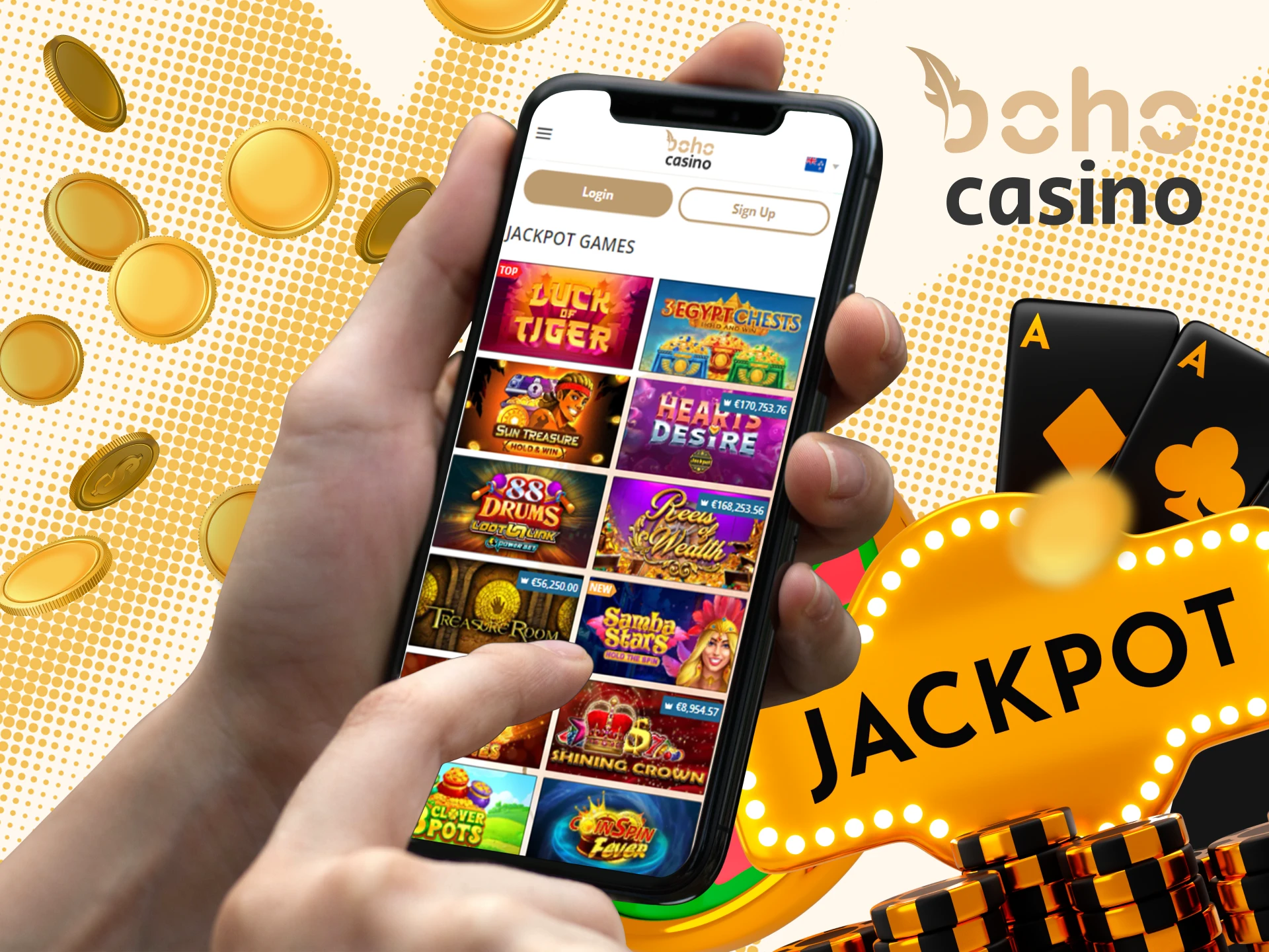 Download and install the app to play Boho Casino jackpots via phone.
