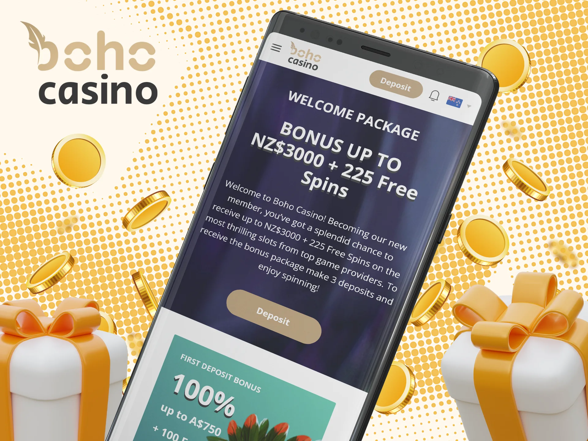 Make a deposit and claim your welcome bonus in the Boho Casino mobile app.