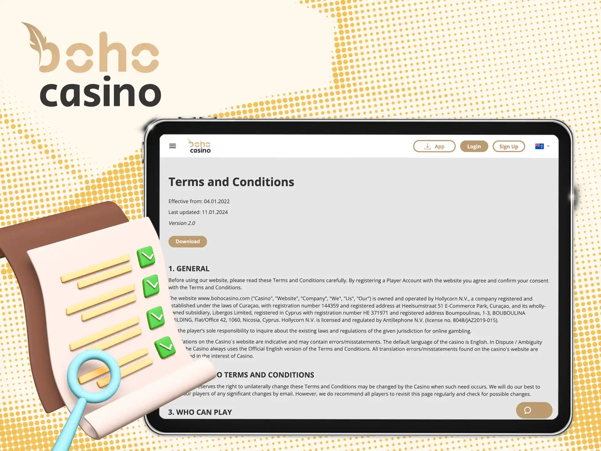 Read Boho Casino's terms and conditions before using the services.