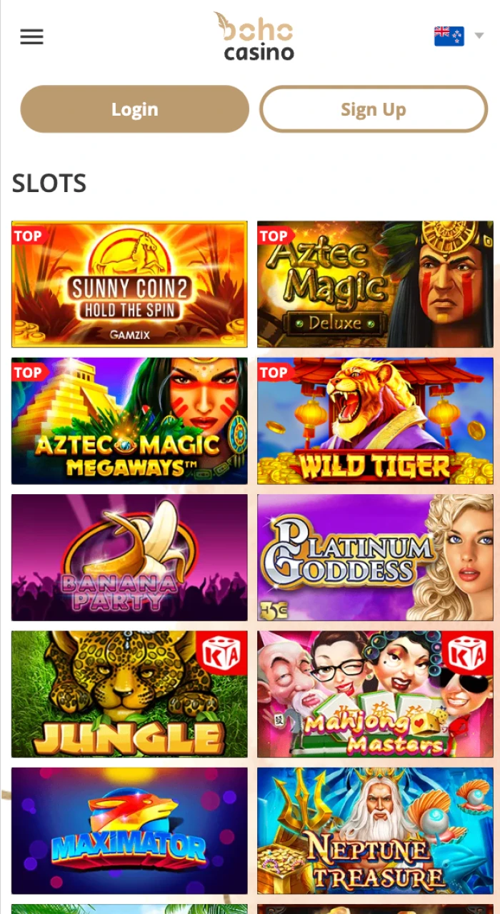 Slot games section at the Boho online casino.