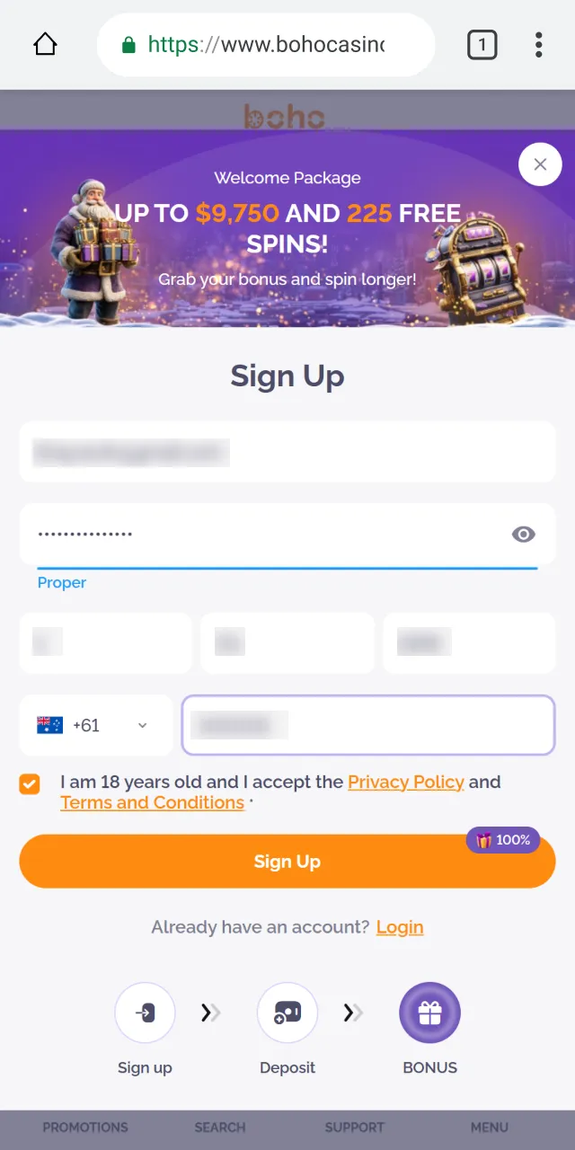 Register at Boho Casino mobile website version on your Android device.