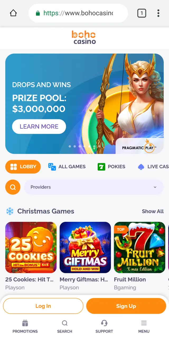 Visit Boho Casino mobile website on your Android phone.