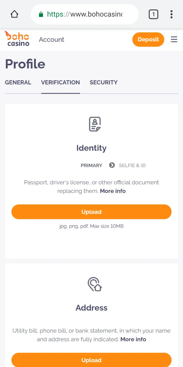 Verify your account at Boho Casino mobile to start playing games on Android.