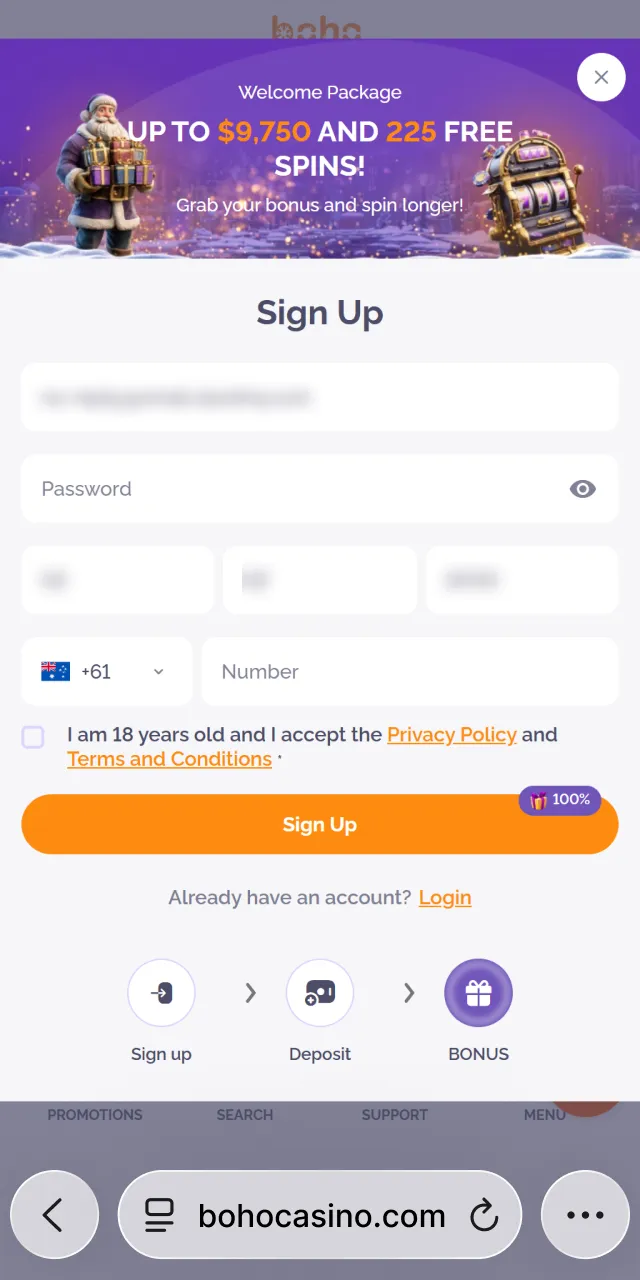 Register or log in through Boho Casino mobile website on your iOS device.