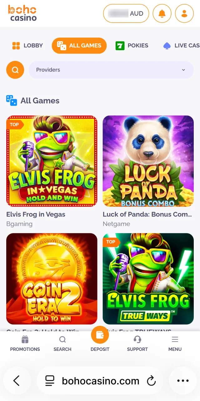 After sign up, you can play at Boho Casino mobile website version on iOS.