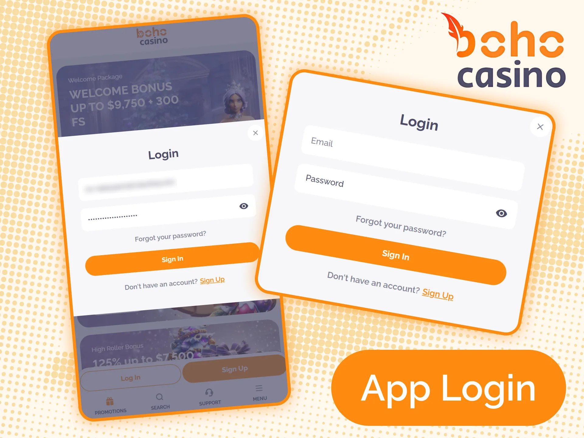 Enter your email and password to access your account via Boho Casino app.