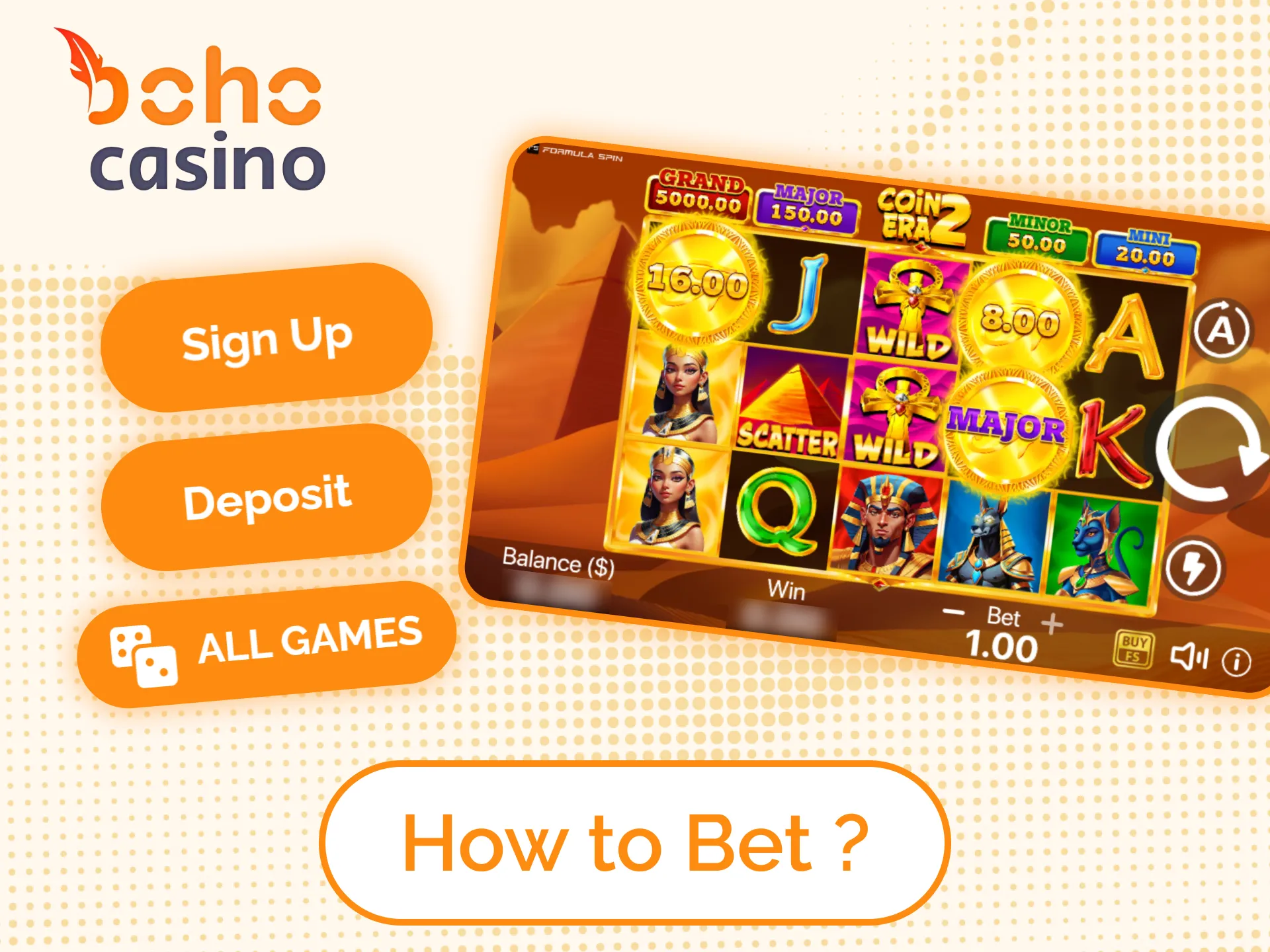 Step-by-step instructions on how to place bets on the Boho online casino website.