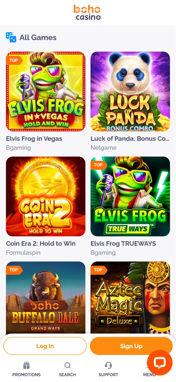 Games section on the Boho Casino AU.