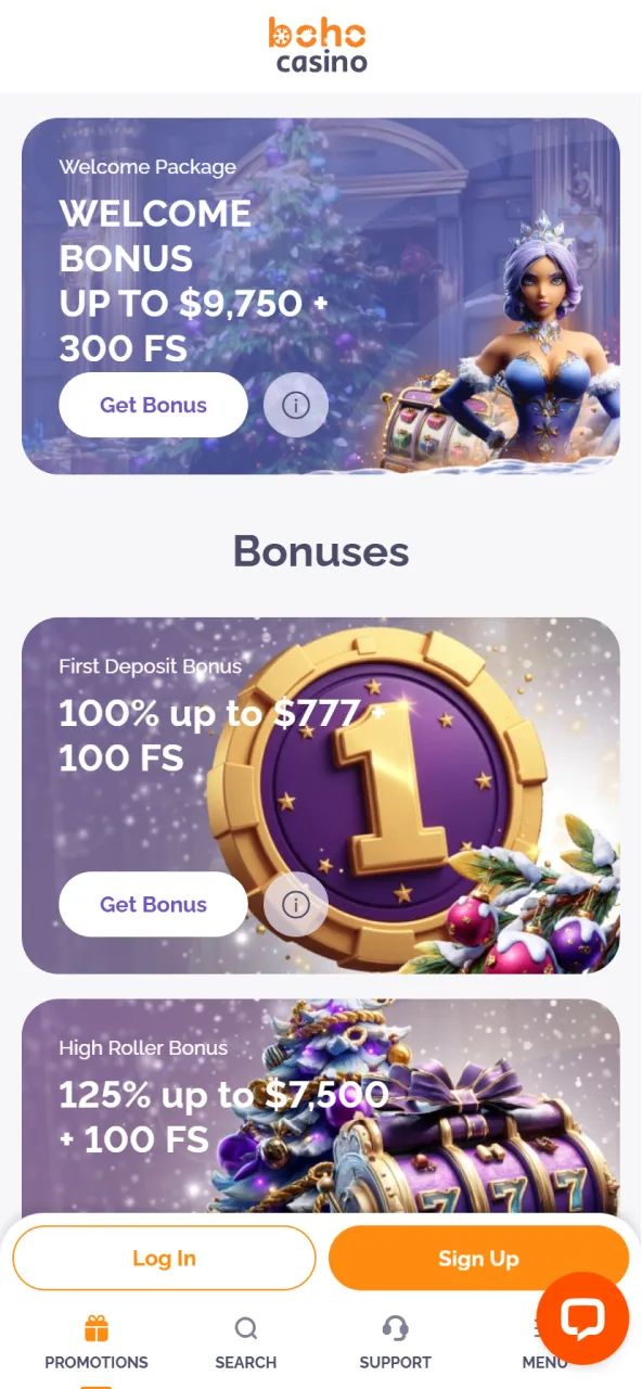 Bonuses and Promotions section on the official Boho Casino website.