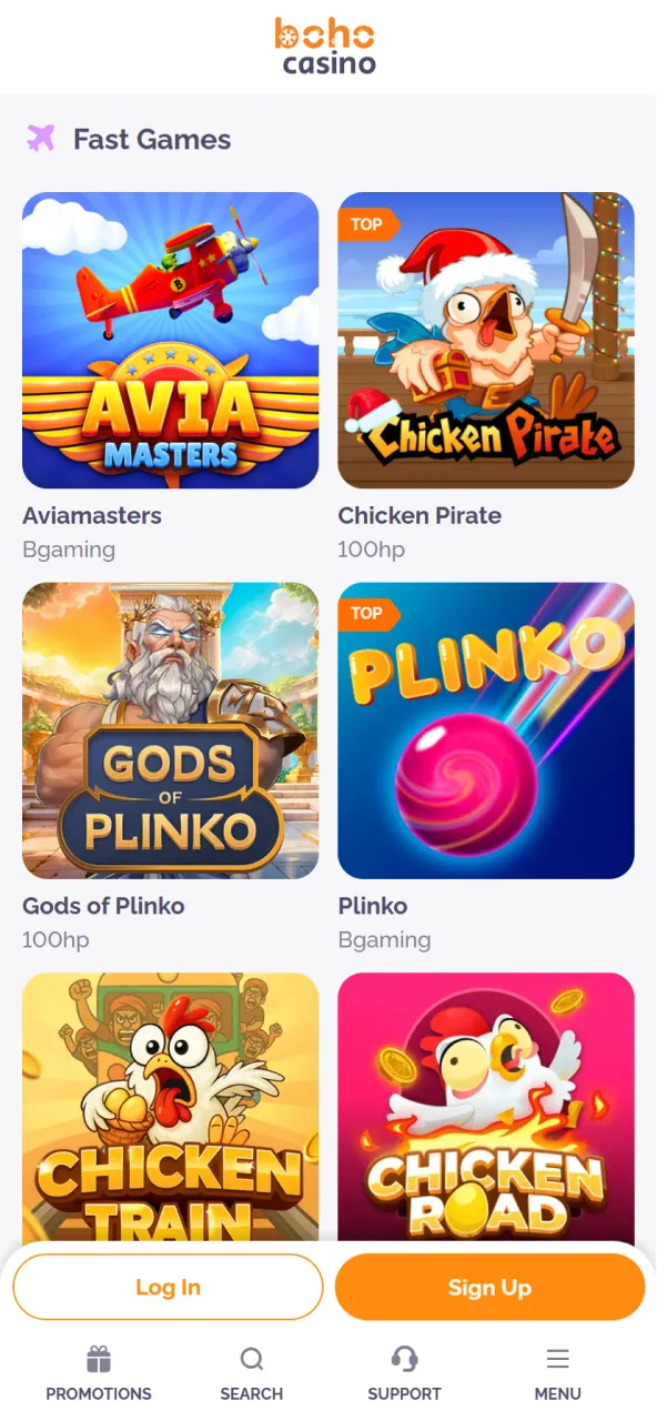 Fast games section at the Boho online casino.