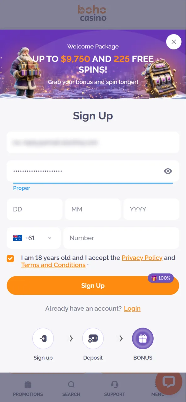Registration form on the Boho Casino website.