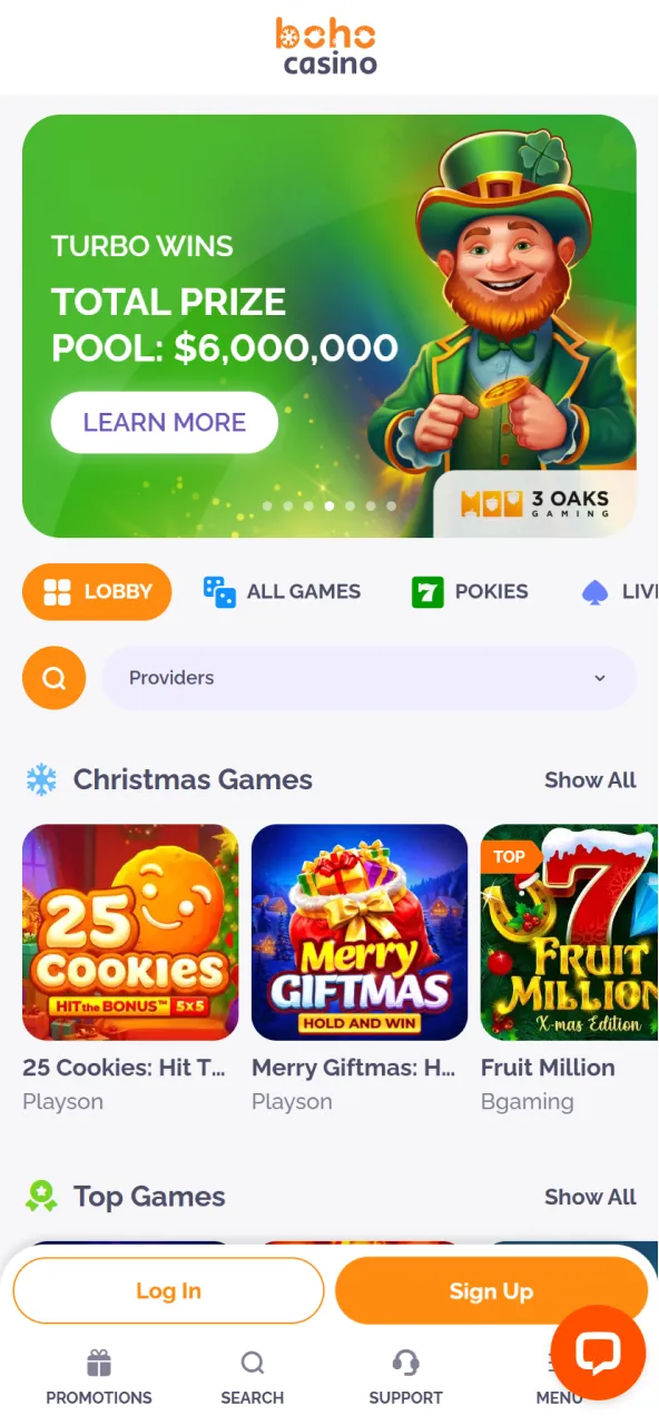 Home page of the Boho online casino website on your phone.