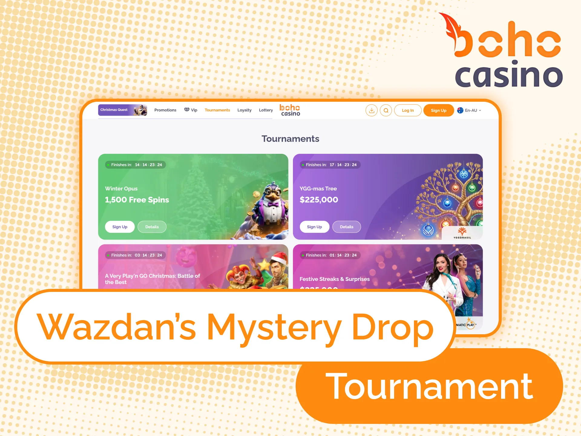 Join Boho Casino Wazdan’s Mystery Drop Tournament and win real money.