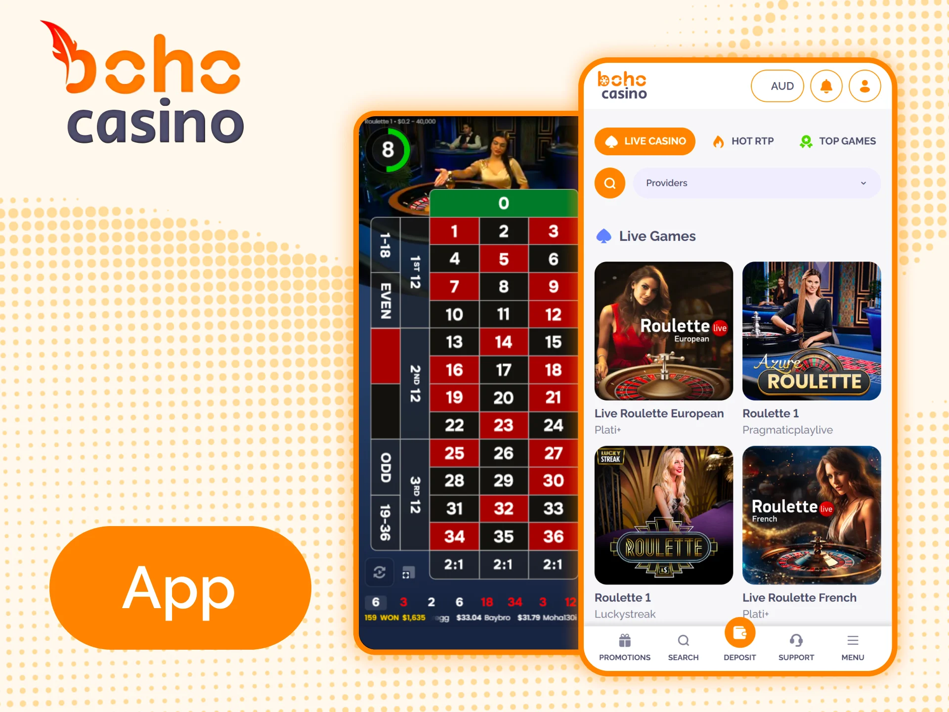 Get access to Boho Live Casino through the mobile version.