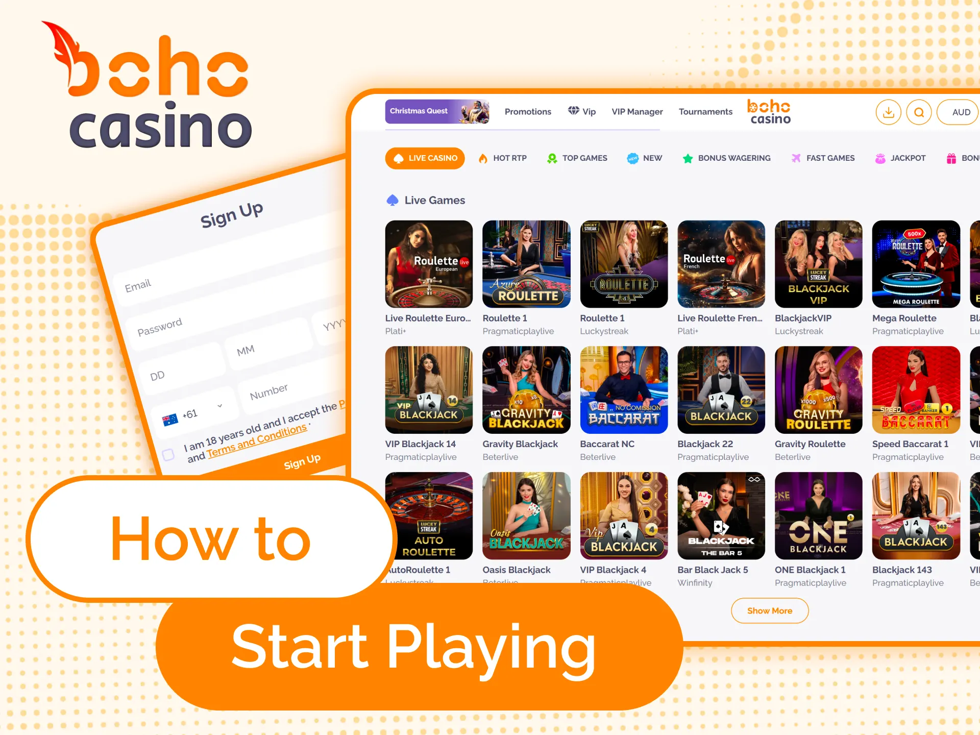Easy steps to play live games at Boho Casino.