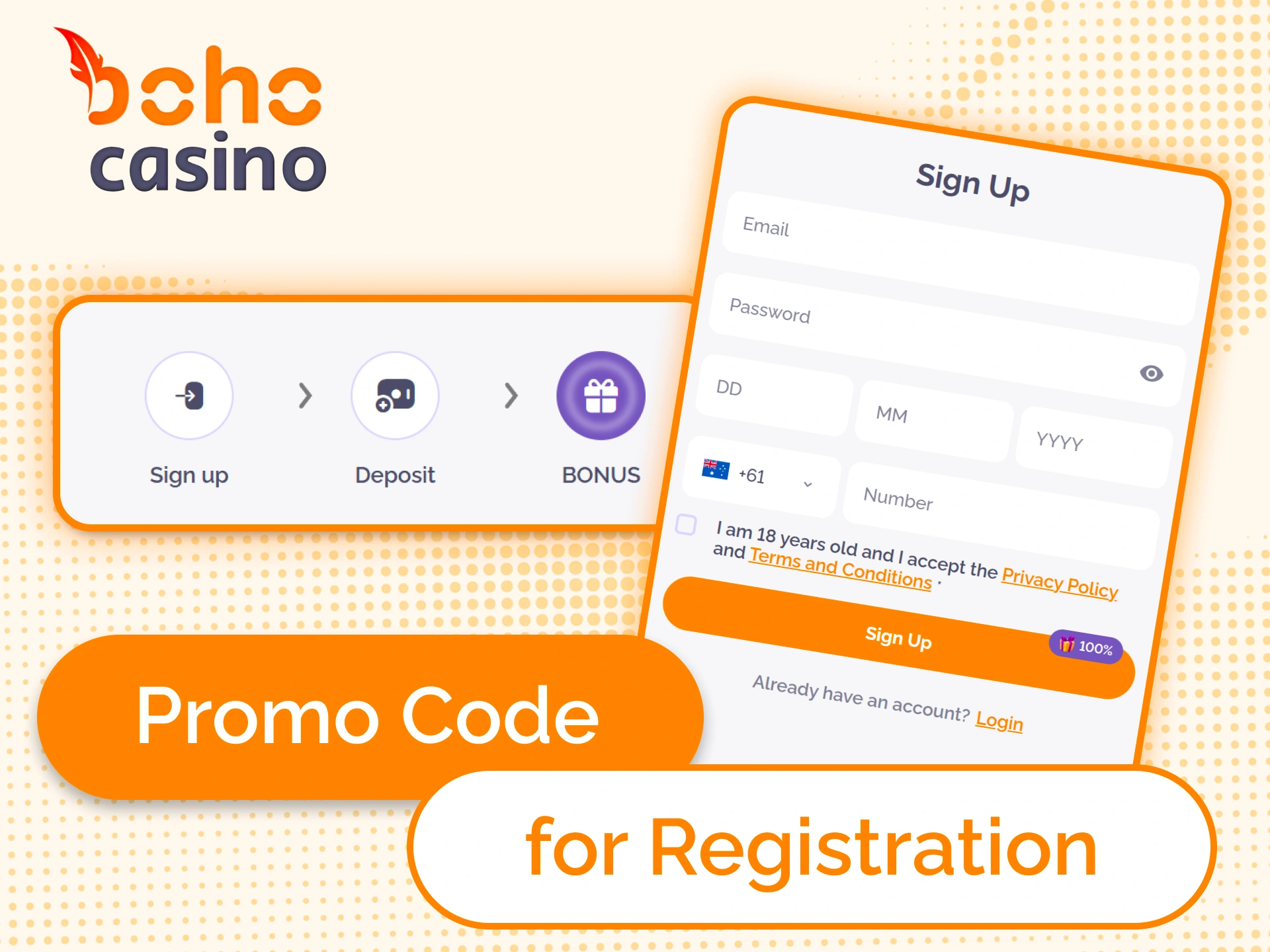 Boho Casino promo code activation in account.