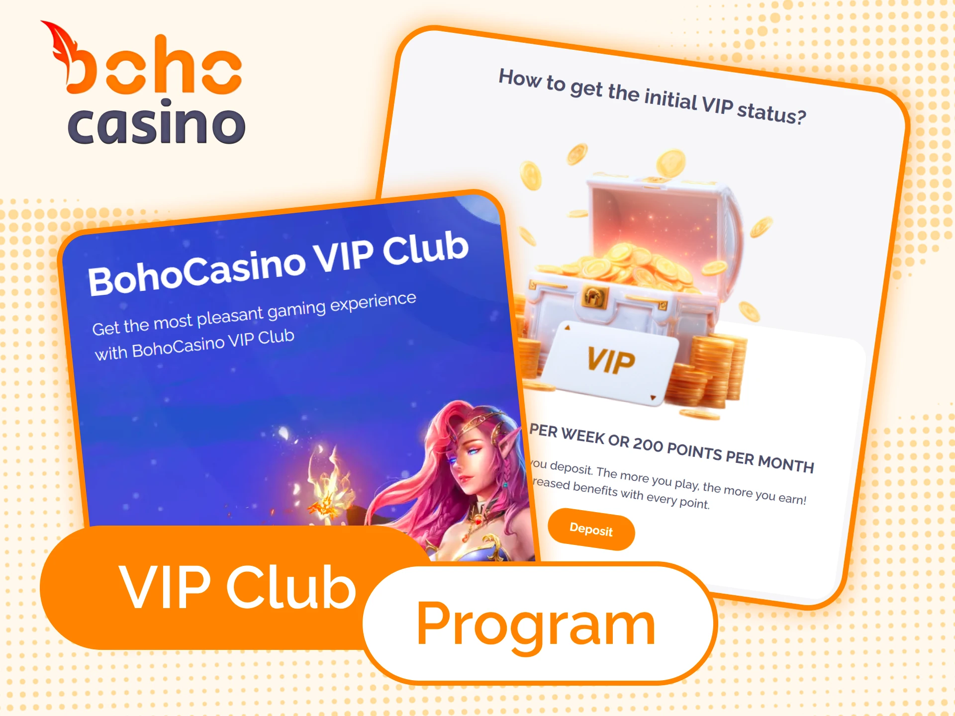 Unlock levels, rewards and benefits with the Boho Casino VIP Club program.
